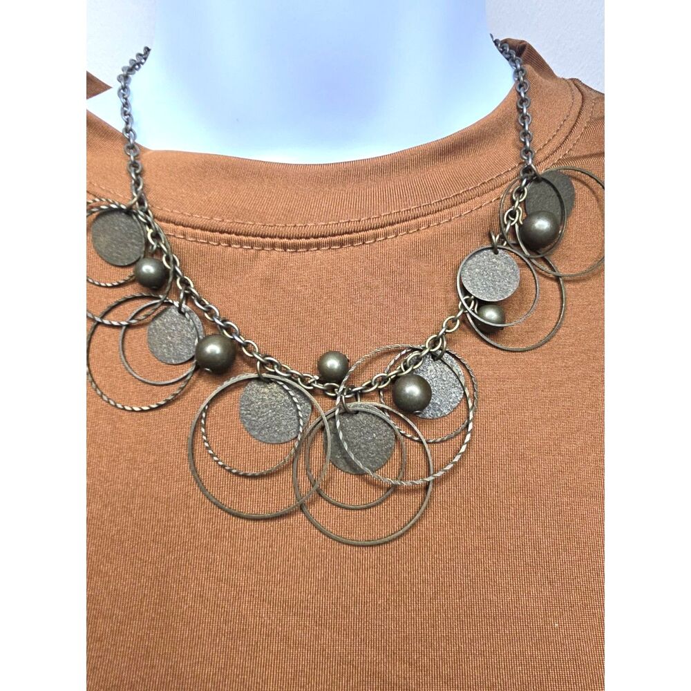 Bronze Tone Geometric Statement Necklace Multi-Hoop Disc 16" BohoChic Industrial
